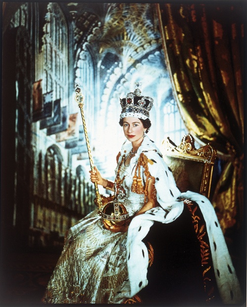In coronation robes at Westminster Abbey